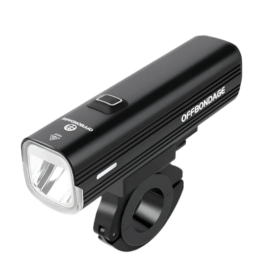 Black bicycle light with 'OFFBONDAGE' branding on a black background